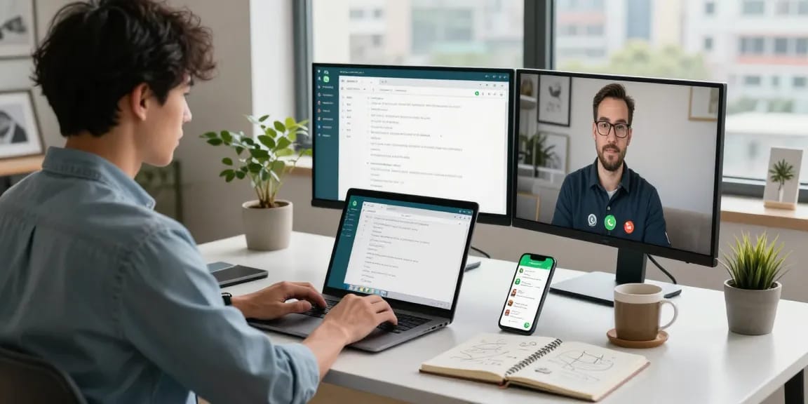 Engaged user on WhatsApp電腦版 in a modern home office, using dual screens and laptop, productive environment.