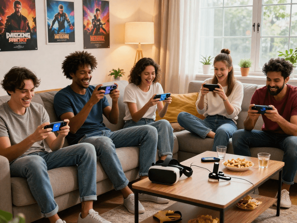 Engaged adults enjoying mobile porn games in a cozy living room, showcasing playful atmosphere and gaming accessories.