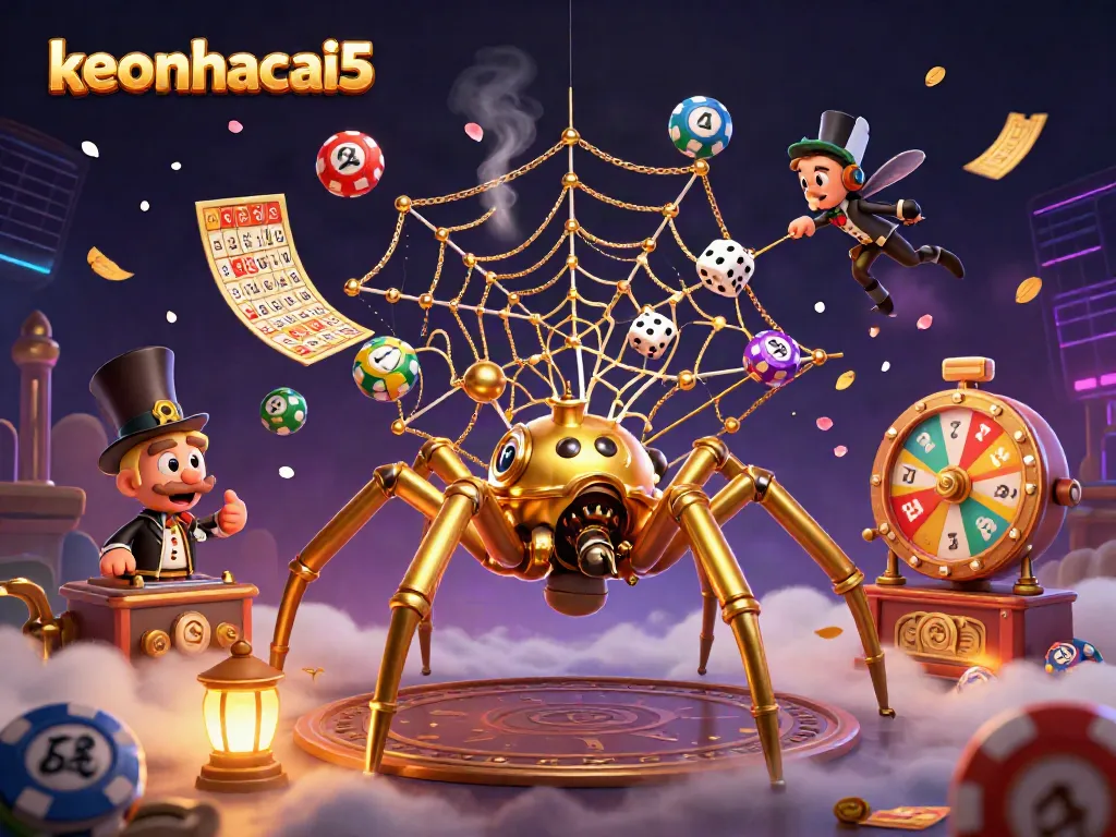 Engage with keonhacai5 in this 3D illustration showcasing dynamic gambling elements and immersive atmosphere.