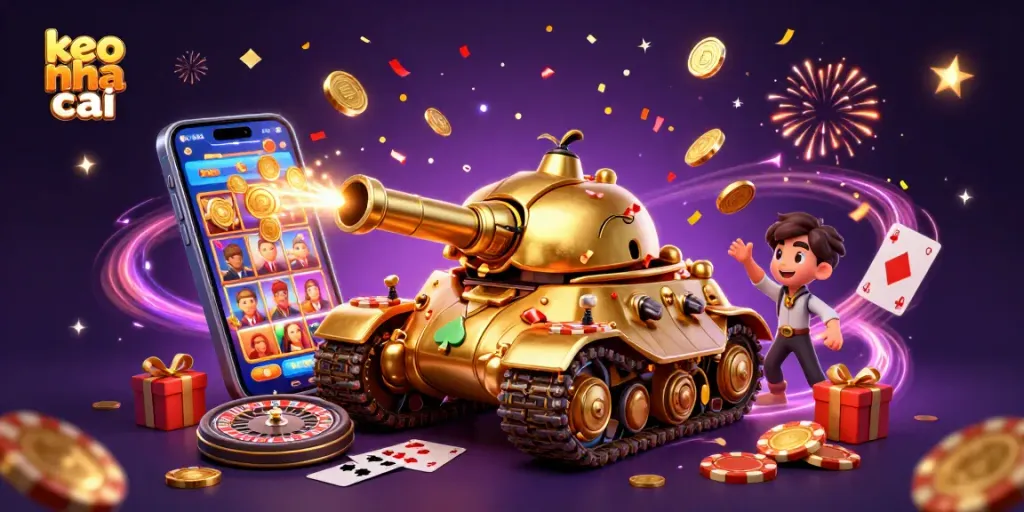 Experience the excitement of keo nha cai with a vibrant illustration of a casino-themed beetle tank bursting with games and festive elements.