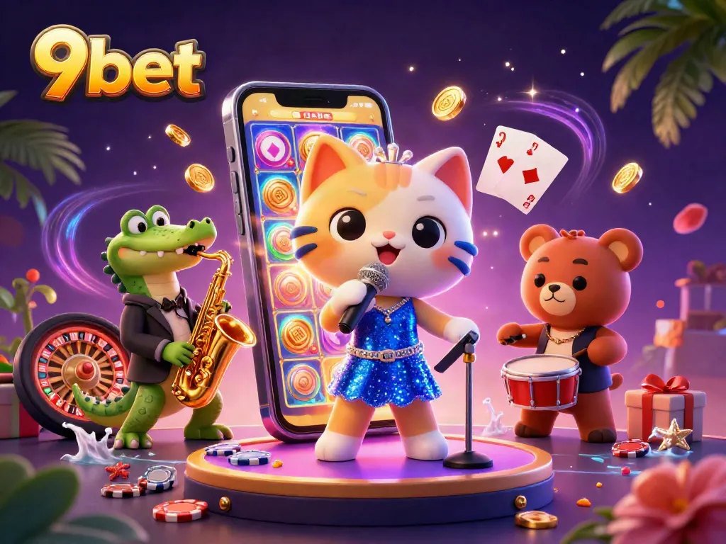 Experience the excitement of 9bet with a vibrant 3D casino illustration showcasing lively characters and games.
