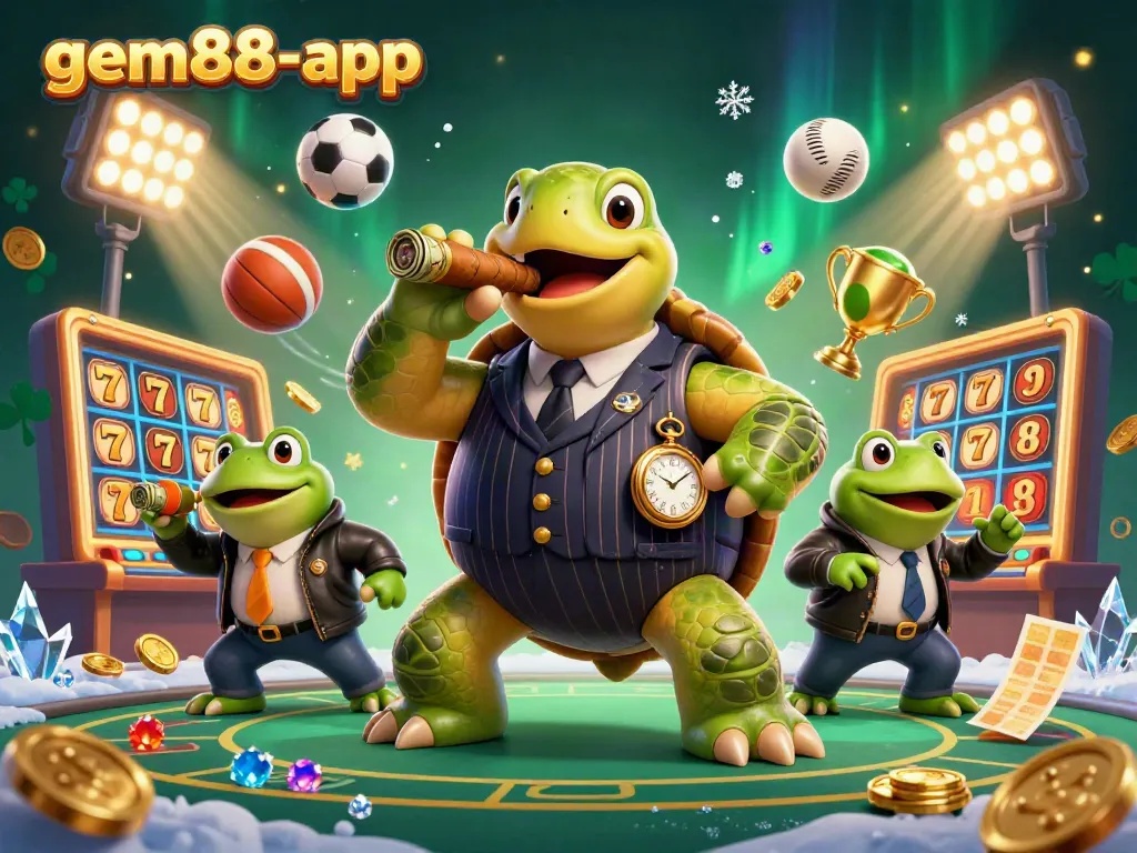 Engage with the vibrant world of gem88-app featuring an animated turtle in a casino-themed scene filled with sports action.