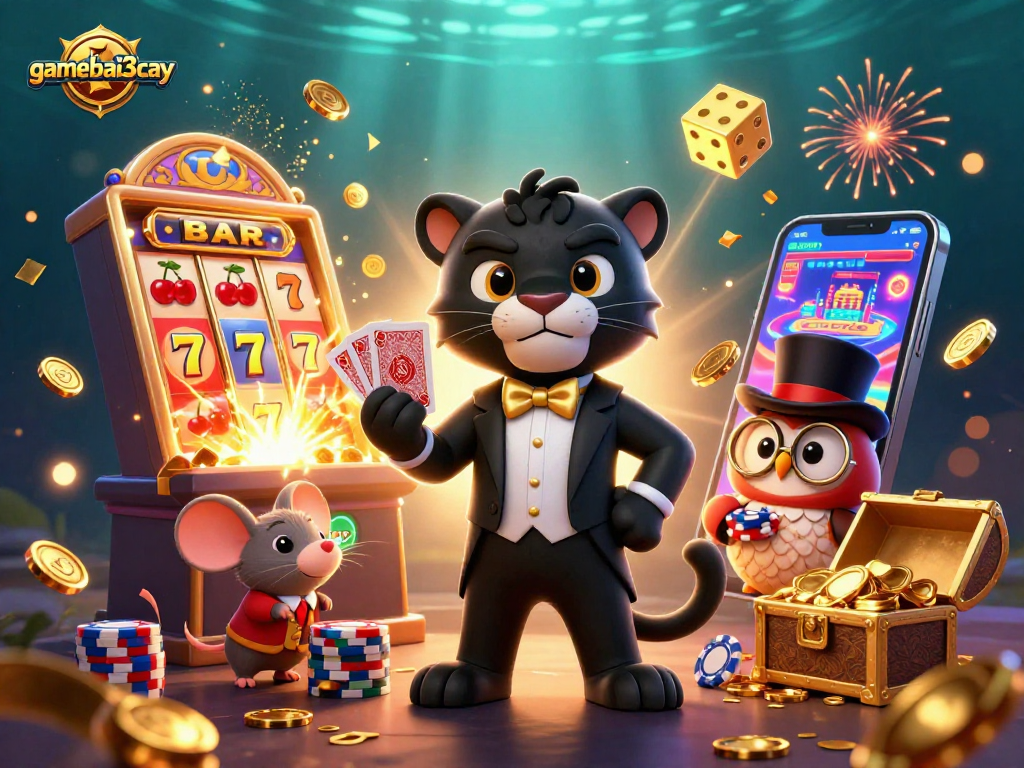 Experience the excitement at gamebai3cay with a stylish black panther dealing cards amidst a vibrant casino.