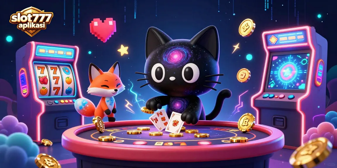 Engage with slot777 aplikasi, featuring a cosmic casino scene with a black hole cat and arcade elements.