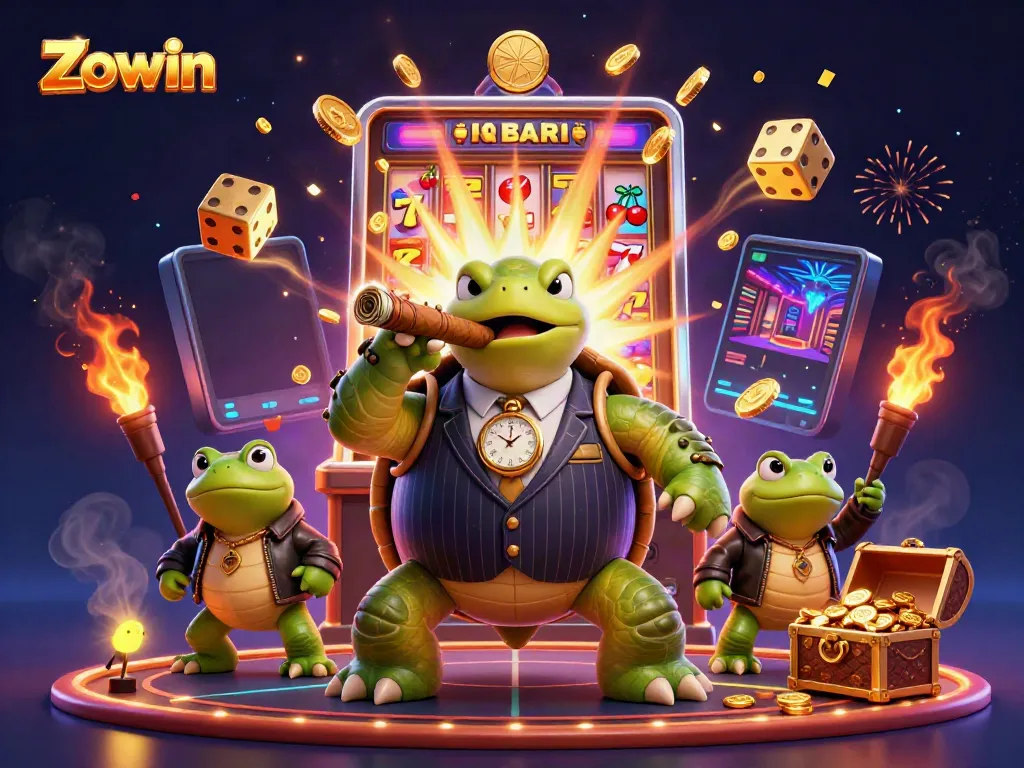 Zowin brings excitement with a cartoon turtle mobster and dynamic casino gaming elements illustrated in vibrant detail.