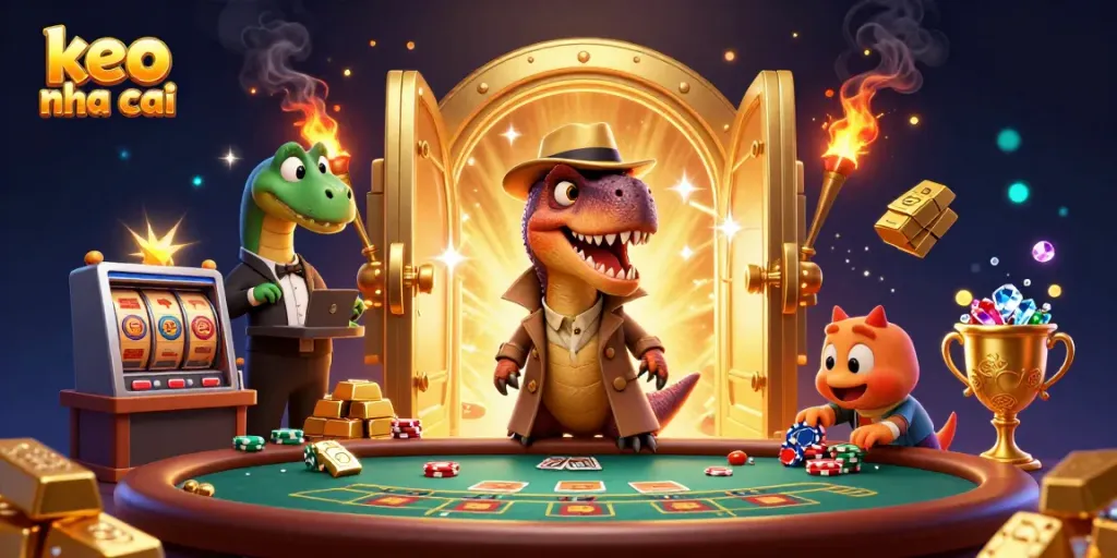 Experience the excitement of keo nha cai with a velociraptor playing blackjack amid dazzling casino treasures.