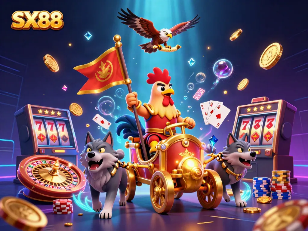Experience excitement at SX88 featuring a rooster warlord leading a golden chariot with game elements and riches.