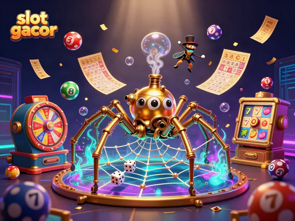 Catch the excitement of slot gacor with a steampunk spider and a trapped Victorian fly amidst vibrant casino elements.
