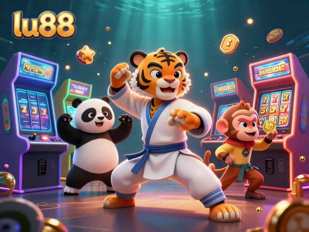 Experience thrilling gameplay at lu88 with colorful arcade games, a kung fu tiger, and a panda disciple.