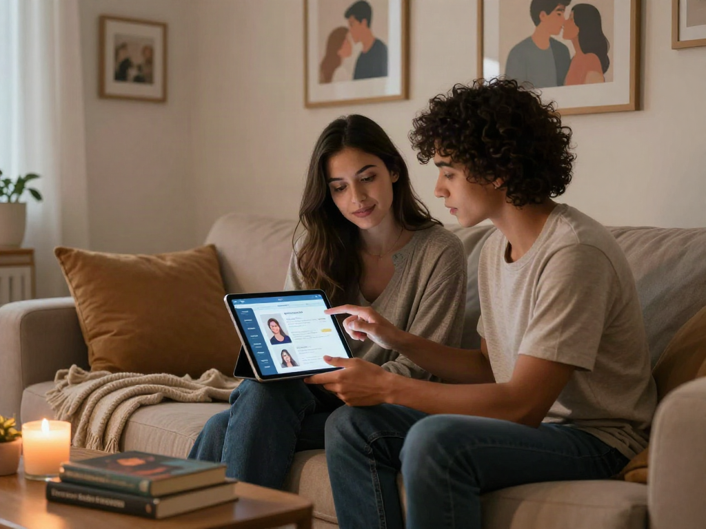 Couple exploring ai sex coaching insights on a tablet in cozy living room.