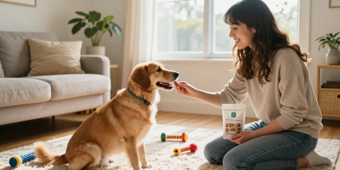 Joyful dog receiving cbd dog treats in canada from its owner in a cozy home setting.