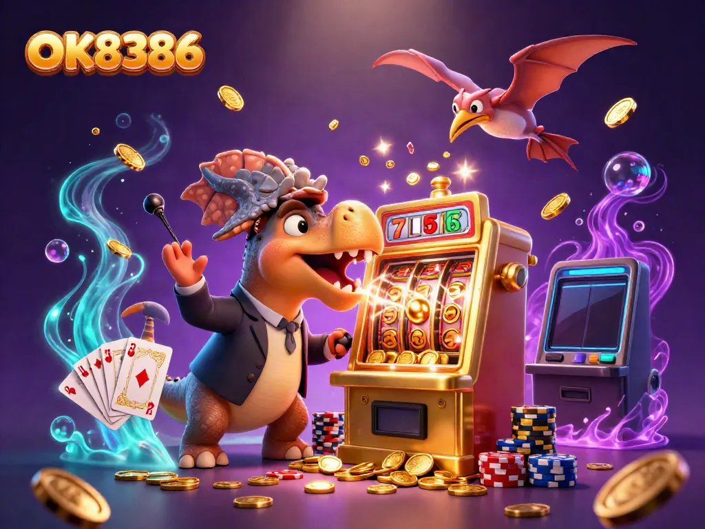 OK8386 showcases a dinosaur-themed casino scene with jackpot coins and dynamic game elements.