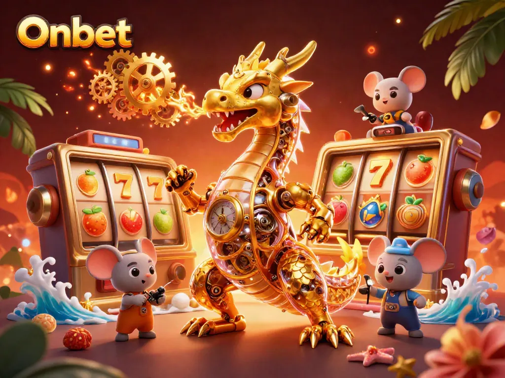 Engage with Onbet's thrilling slot experience featuring a mechanical dragon and playful gaming elements.