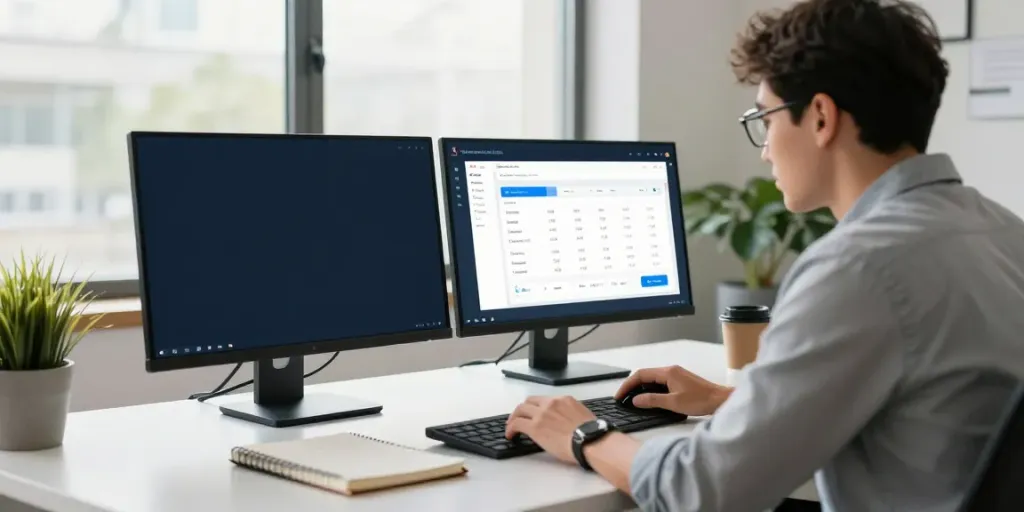 Professional conducting a domain name search UK in a modern office setting, showcasing domain availability tools and organized workspace.