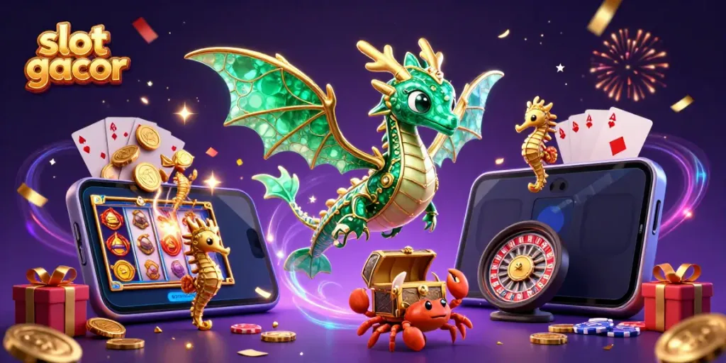 Experience the magic of slot gacor in this vibrant 3D illustration featuring a sea dragon and slot game elements.