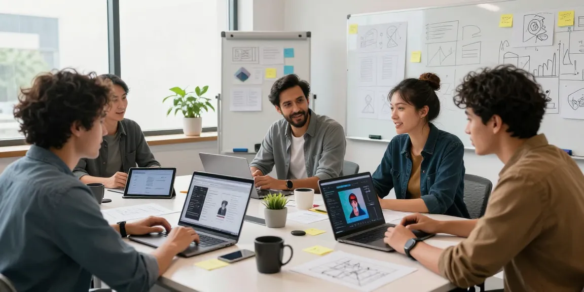 Team brainstorming around laptops using an AI image generator in a bright, modern office setting.
