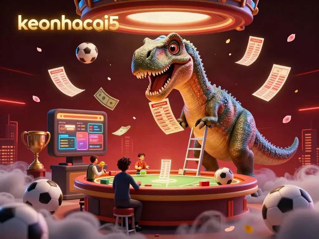 Engaging sports betting scene illustrating keonhacai5 with a brontosaurus overseeing betting slips and sports balls.