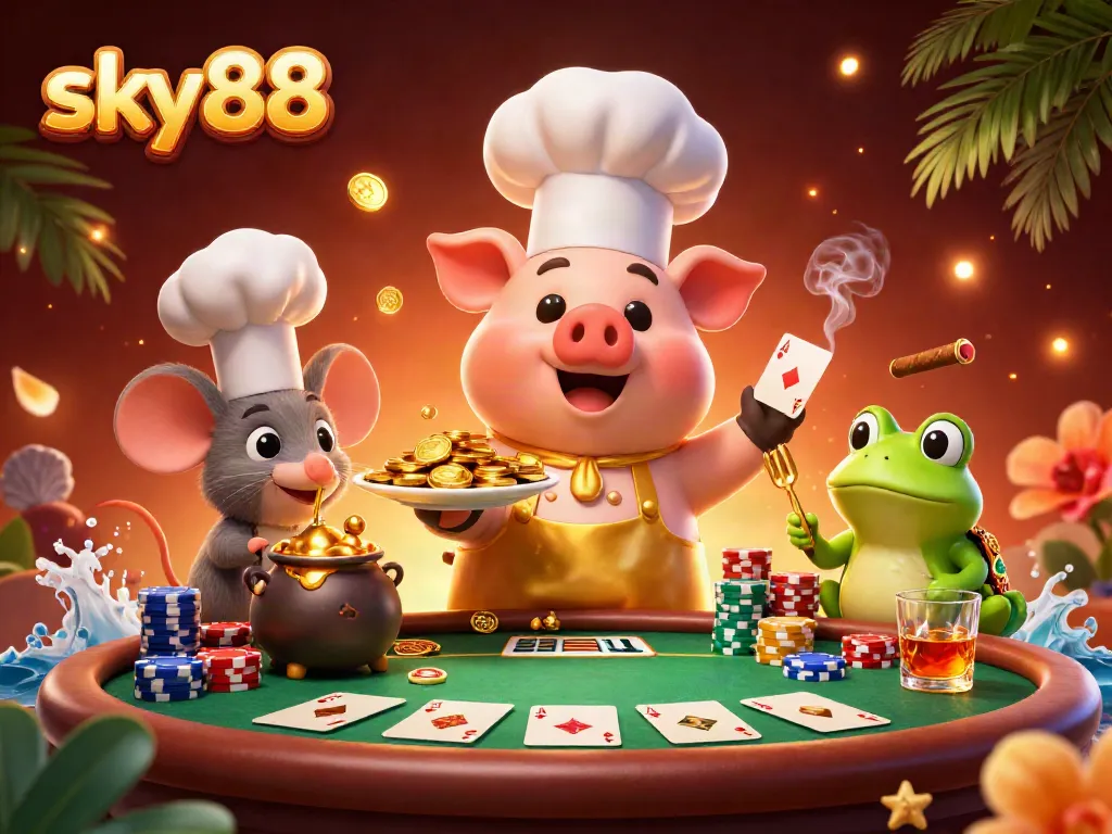 Engage with sky88's vibrant pig chef illustration, serving golden coins amidst dynamic poker action.
