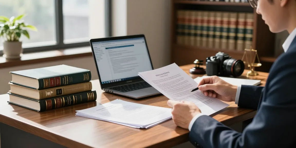 Look at this professional legal consultant reviewing case files in a warm and inviting law office.