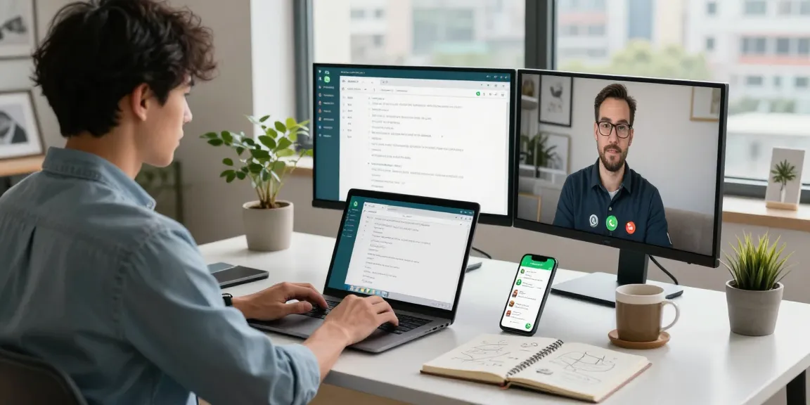 Engaged user on WhatsApp電腦版 in a modern home office, using dual screens and laptop, productive environment.