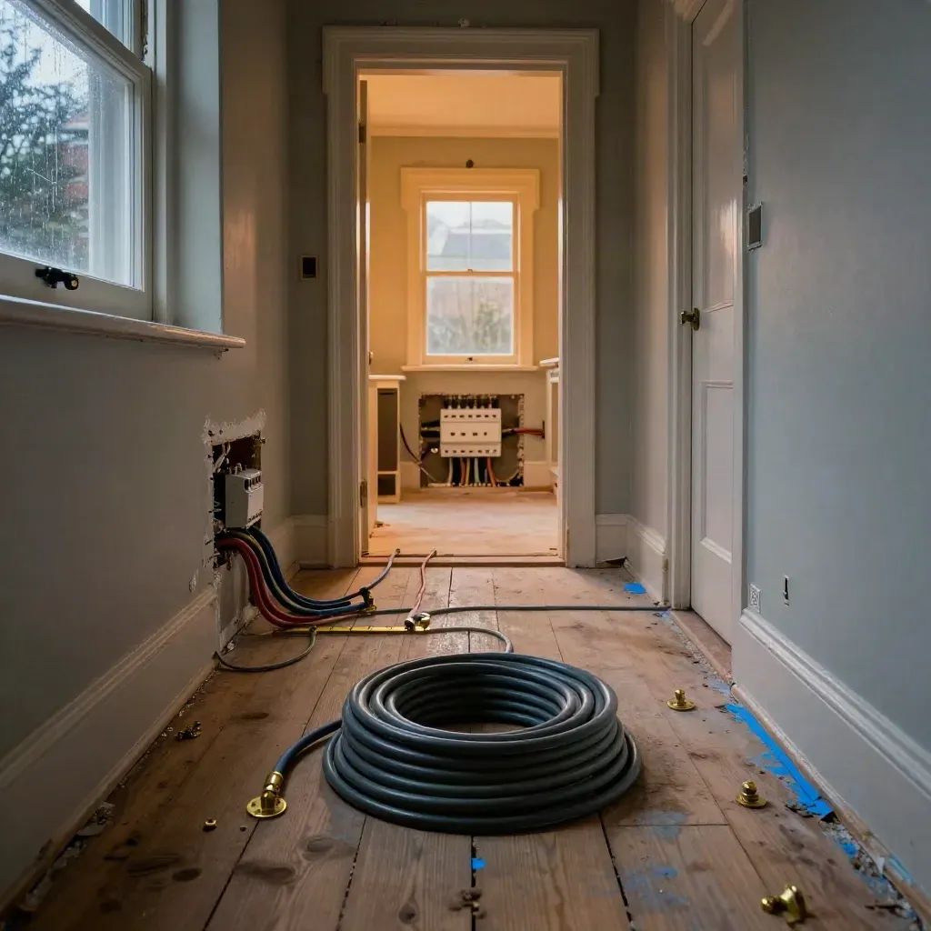 Victorian hallway mid-rewire with glowing consumer unit, cable coils, and warm room beyond.