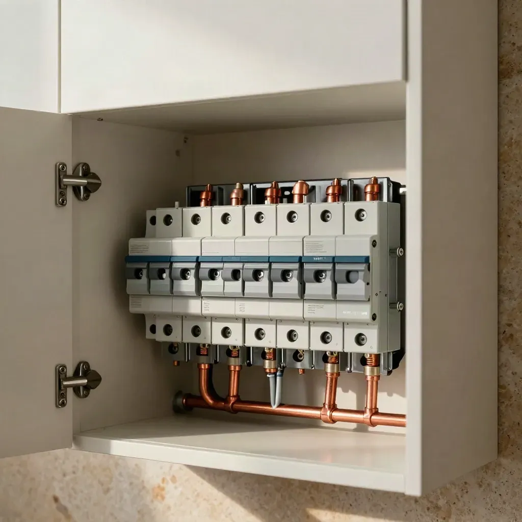 New consumer unit mounted in a utility cupboard with copper tails and brushed metal trim.