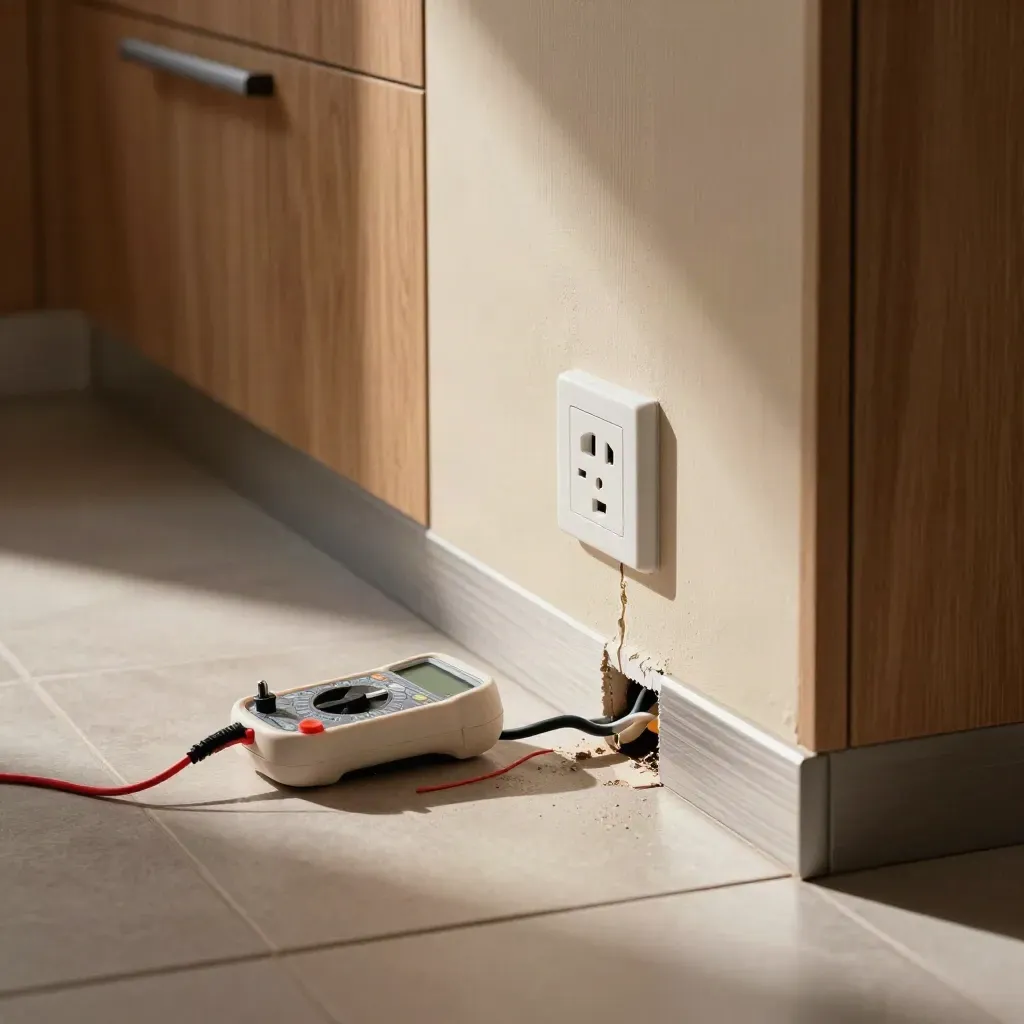 Kitchen socket fault traced with tester, multimeter, and lifted skirting exposing cabling