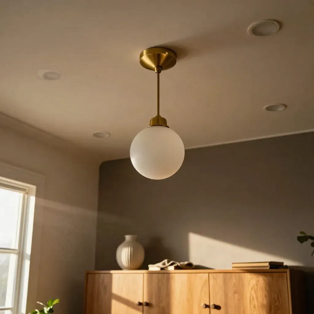New pendant and downlights warm a cosy living room, with a sideboard glowing below.