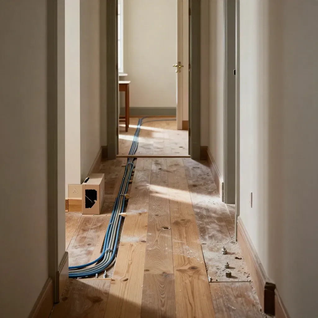Older hallway rewiring with lifted boards, cable routes and open back boxes in warm window light.