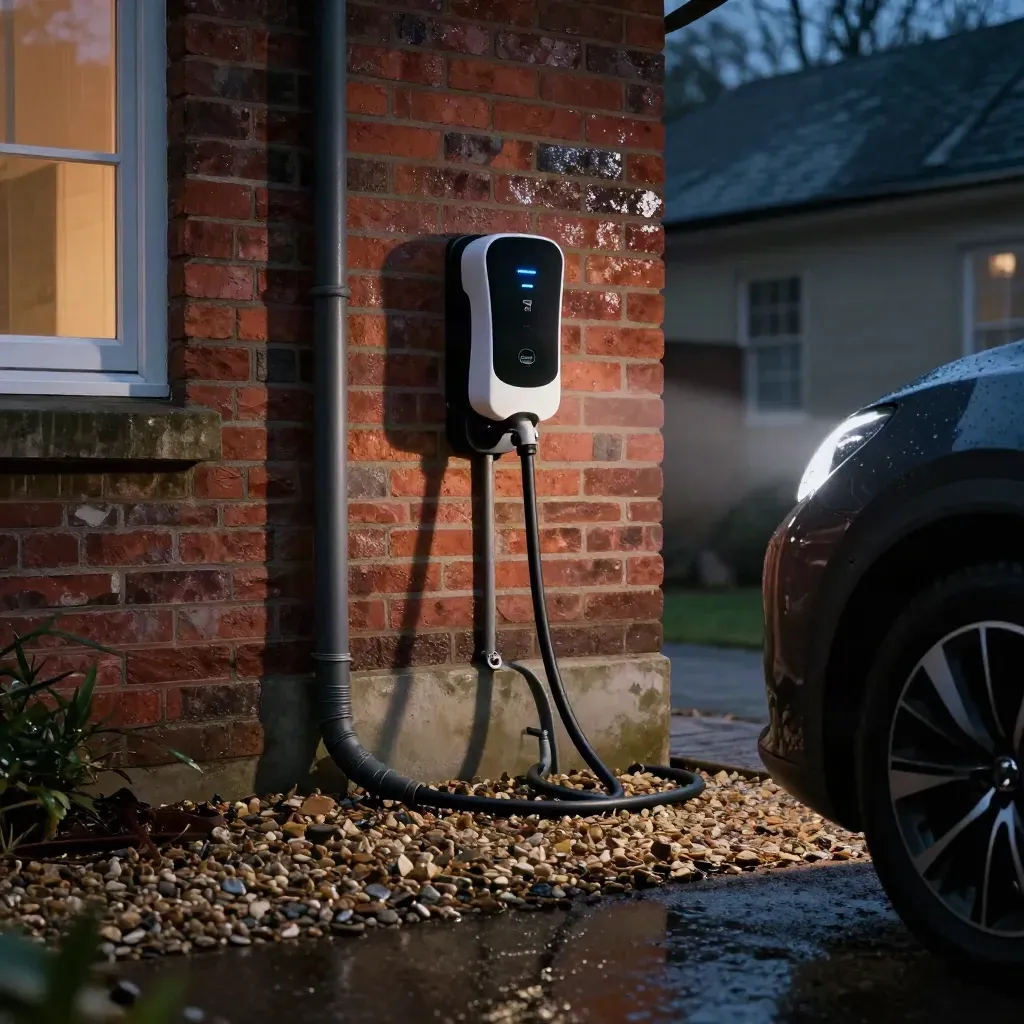 Wall-mounted EV charger glowing on a brick exterior beside a car and wet gravel drive.