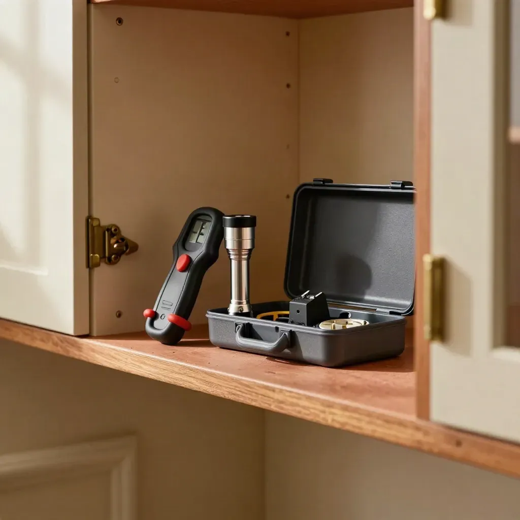 Open hall cupboard with electrical test tools and a neat service case in warm daylight.
