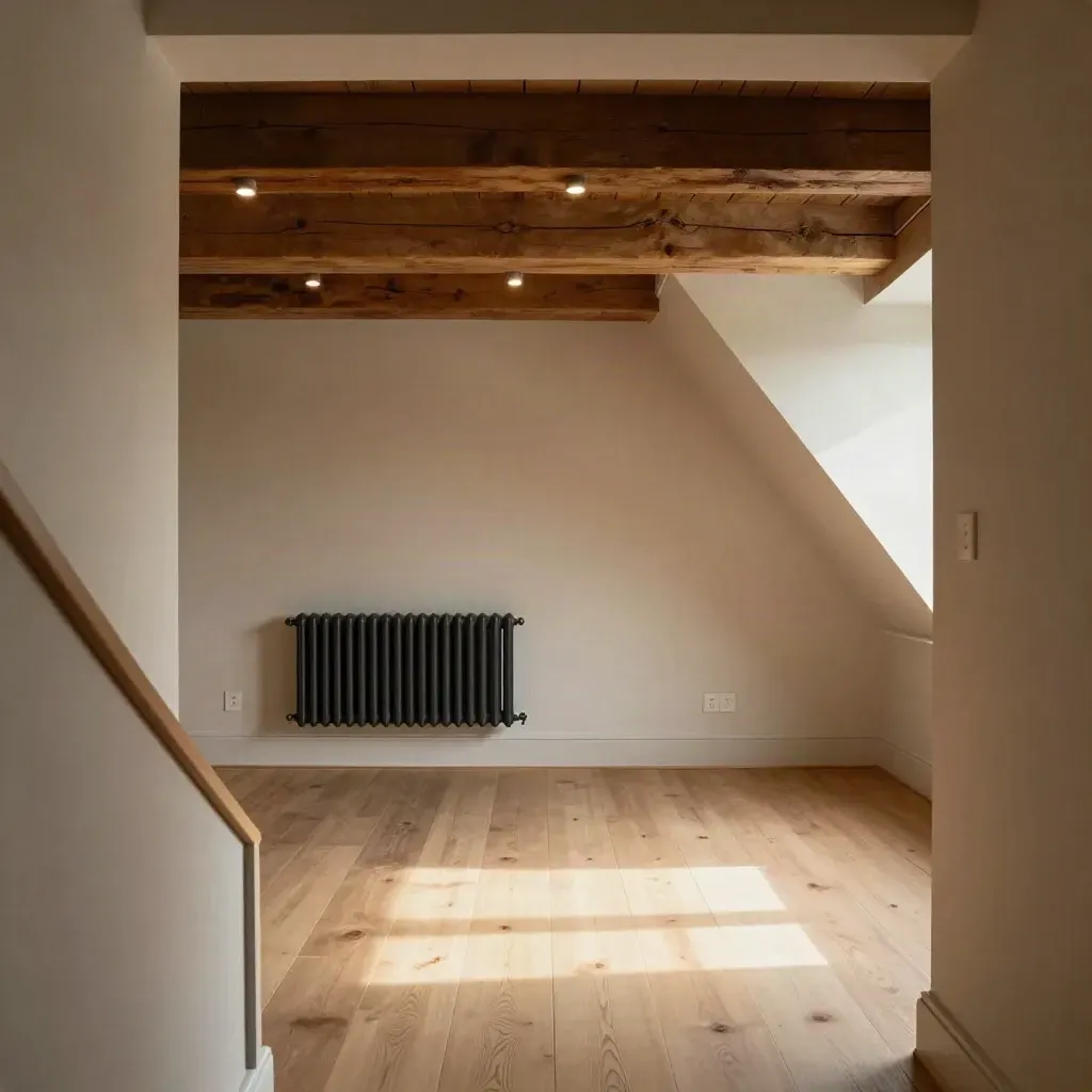Finished loft room with recessed lights, exposed beams, fresh plaster, and sunlight through dust.