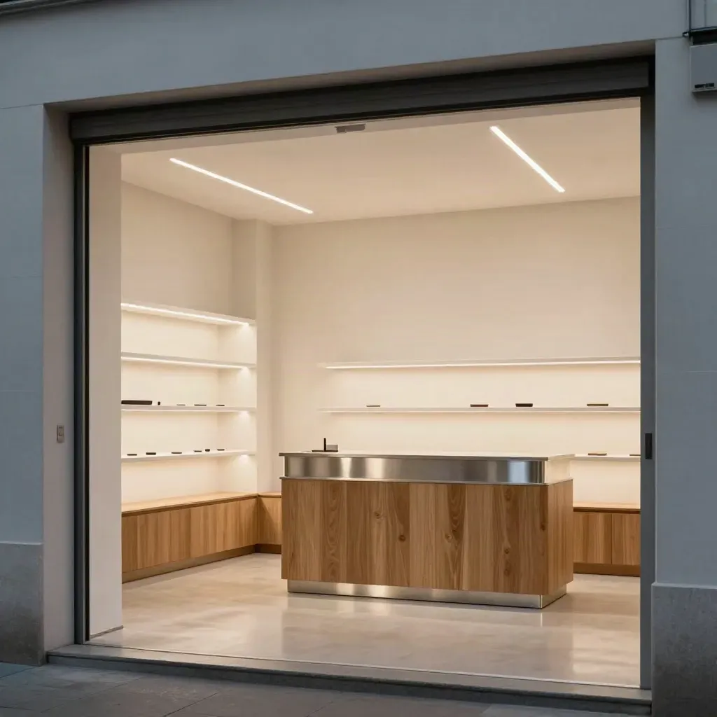 Bright LED-lit small shop interior with pale walls, display shelves, and a calm counter at dusk.