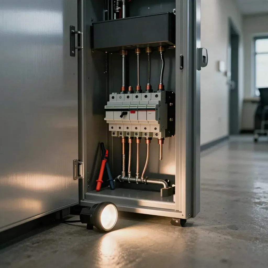 Open office electrical riser with tester, breaker compartment and task light in cool corridor