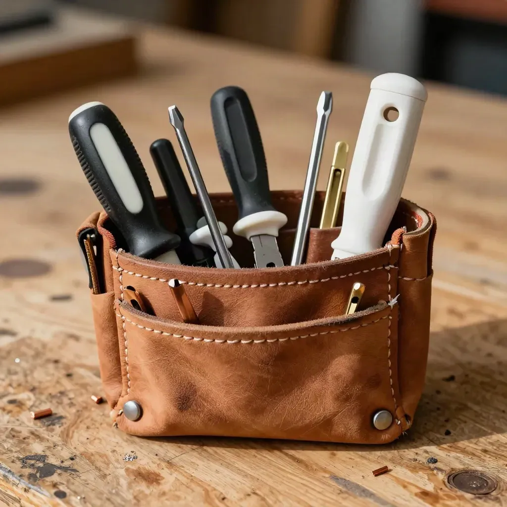 Leather electrician’s pouch with insulated screwdrivers and a voltage tester on a plywood bench