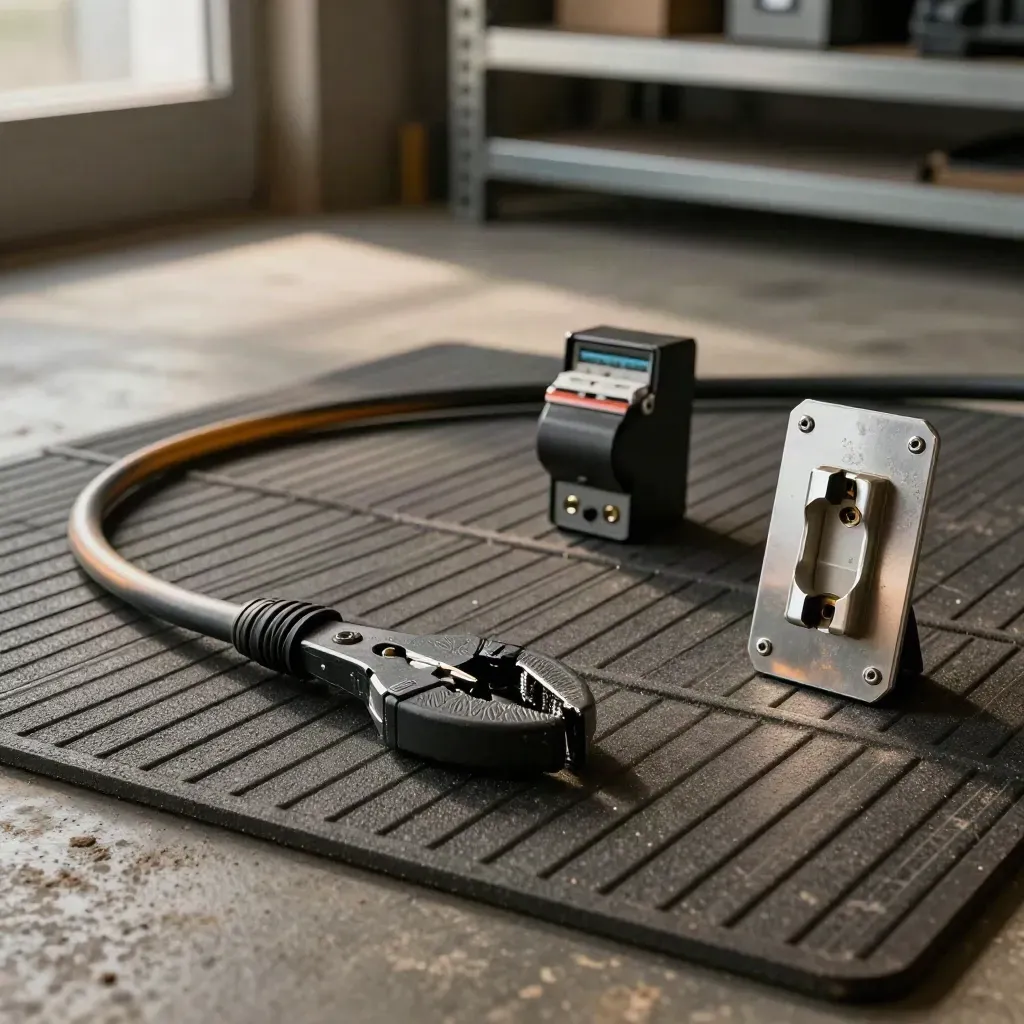 EV charger cable, clamp meter, isolator switch and socket faceplate on a rubber mat
