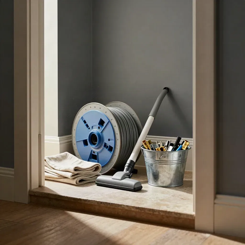 Tidy electrician kit in a doorway with cable reel, dust sheets, vacuum nozzle and fixings.