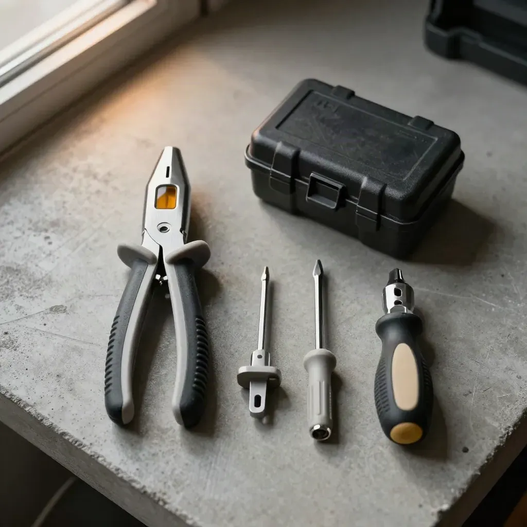 Overhead flatlay of electrical test tools and a closed service case on concrete with amber glow