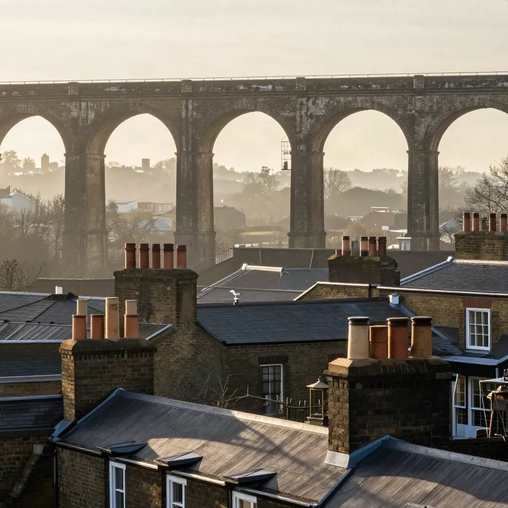 South London rooftops and a viaduct in warm haze above quiet brick terraces