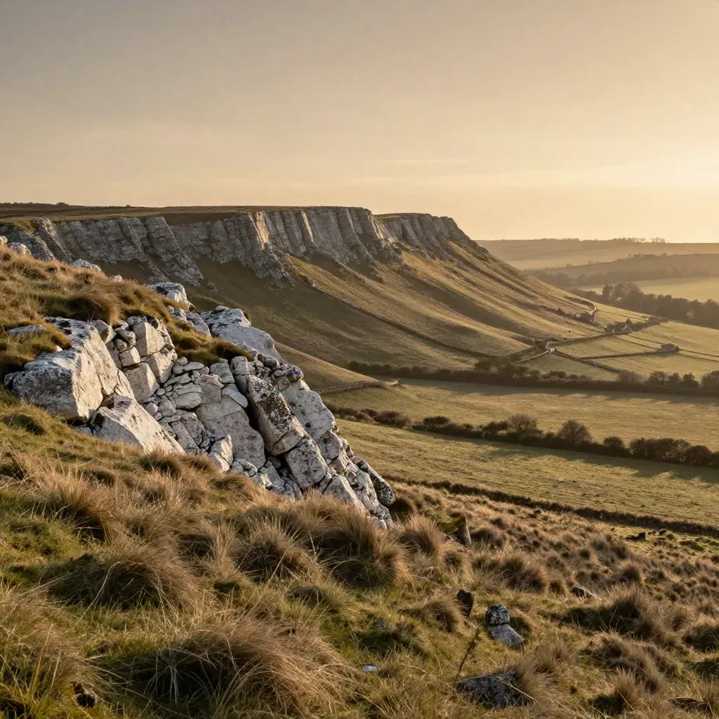 North Kent chalk quarry rim and village roofs glowing over calm flint fields at sunset