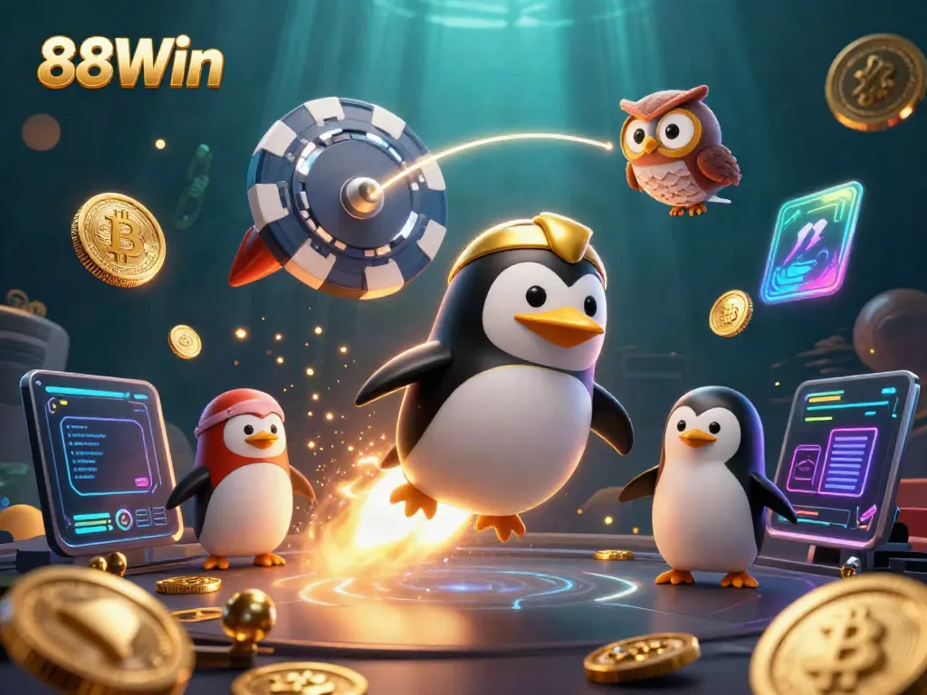 Engage in thrilling gameplay with 88Win as a golden penguin soars toward the casino space station.