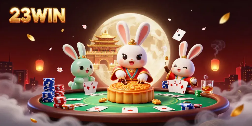 Engage in thrilling gameplay with 23WIN as playful moon rabbits reveal poker chips inside mooncakes.