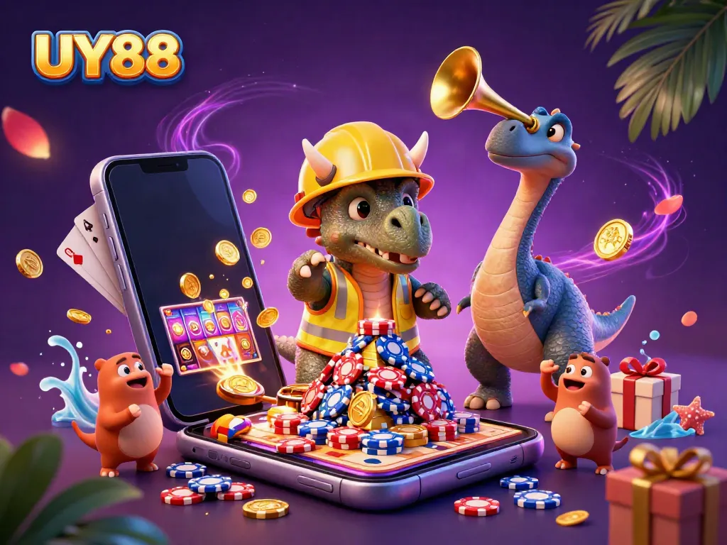 Celebrate gaming excitement with UY88's vibrant 3D scene showcasing casino fun and winning moments.