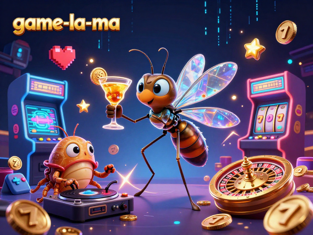 Experience thrilling gameplay at game-la-ma with a vibrant casino scene featuring unique characters and games.