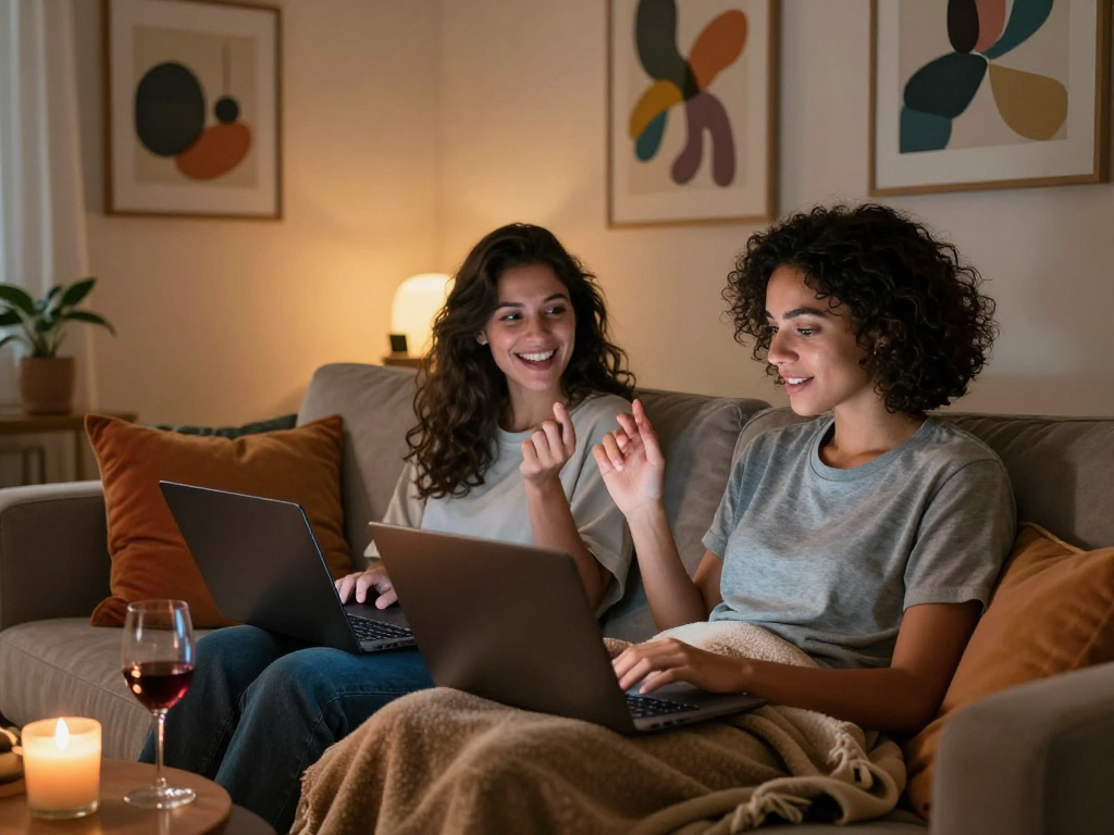 Couple enjoying ai sex chat in cozy digital setting with intimate ambiance.