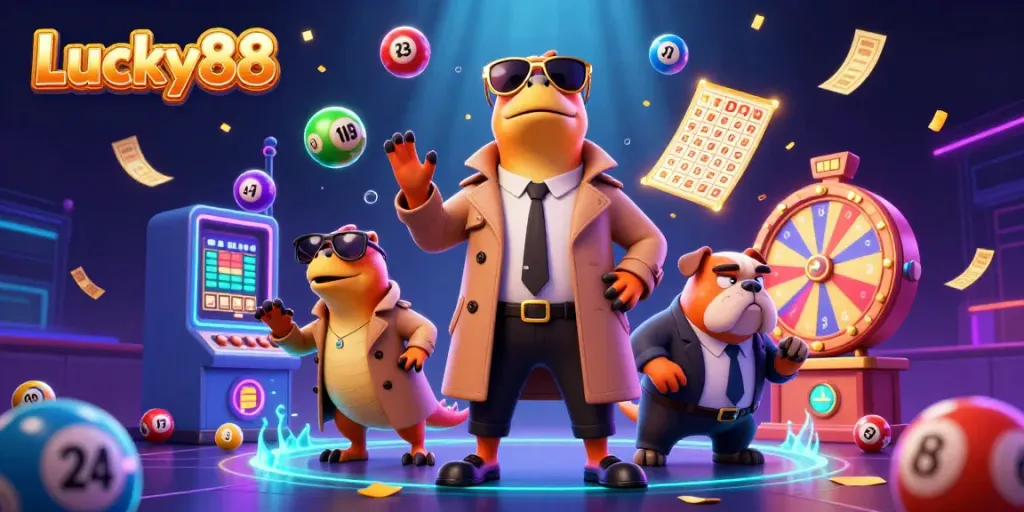 Experience the excitement of Lucky88 with three raptors in a trench coat entering a VIP casino lounge.