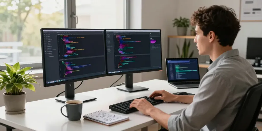 Developer coding in a modern workspace, highlighting instant indexing tools on dual monitors and a laptop.
