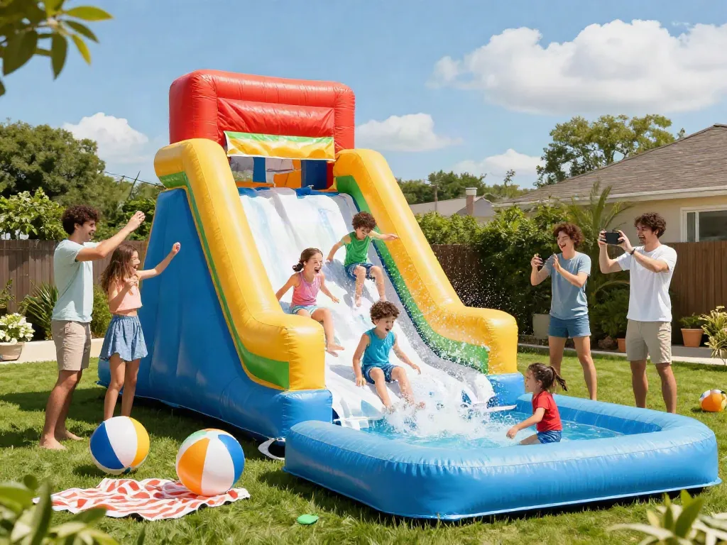 Children joyfully sliding down a water slide in a sunny backyard.
