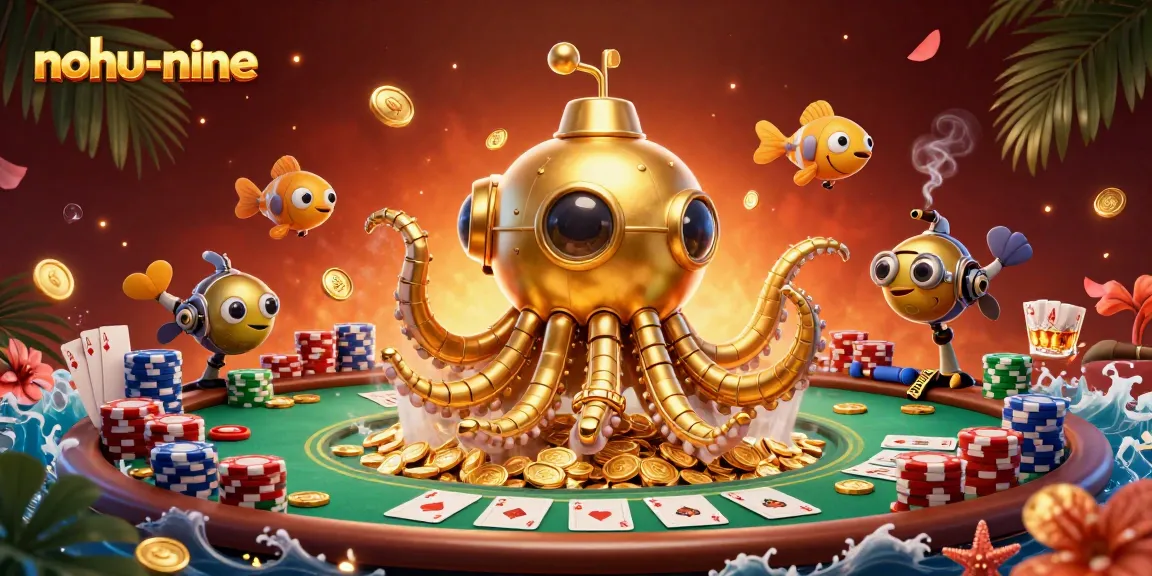Experience the excitement of nohu-nine as the golden kraken submarine surfaces amidst vibrant casino elements.
