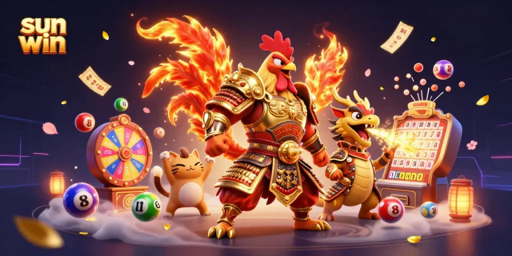 Win big with sun win in a dynamic 3D gaming illustration showcasing exciting casino elements.